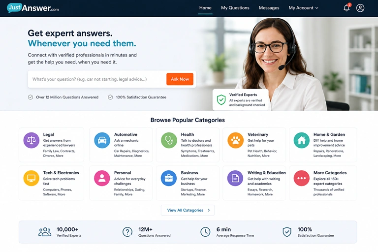 JustAnswer online expert service dashboard showing professional help categories