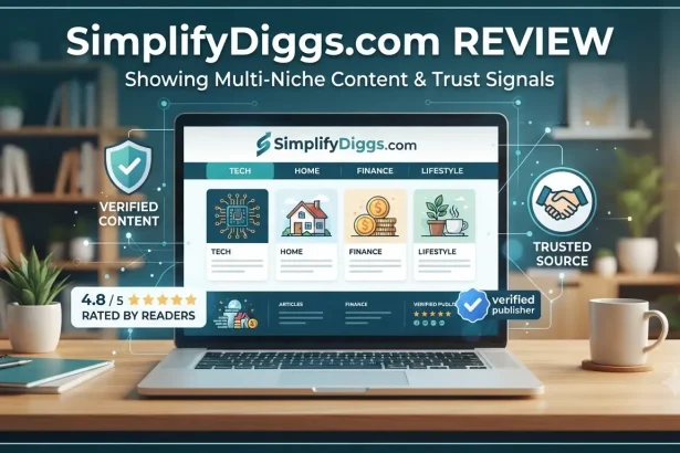 SimplifyDiggs.com review showing its multi-niche content website and trust signals