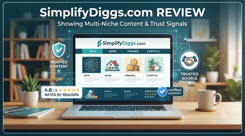 SimplifyDiggs.com review showing its multi-niche content website and trust signals